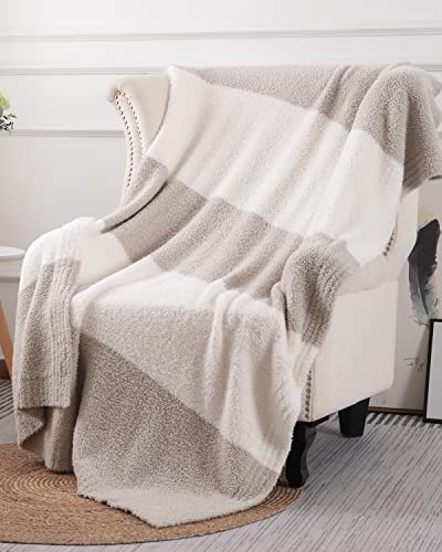 Panku Super Soft Striped Throw Blanket, Knitted Fluffy Cozy Warm Fleece Blankets For Couch And Sofa, Luxury Stripe Blanket Throw For Women 50X60 Inches Stone White #TOP5