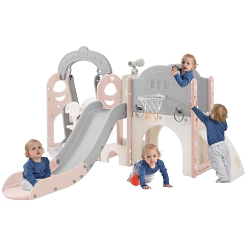 Image of Merax 8-in-1 Kids Slide with Climber, Basketball Hoop, Tunnel, Telescope and Storage Space, Outdoor Indoor Slide for Toddlers Age 1+