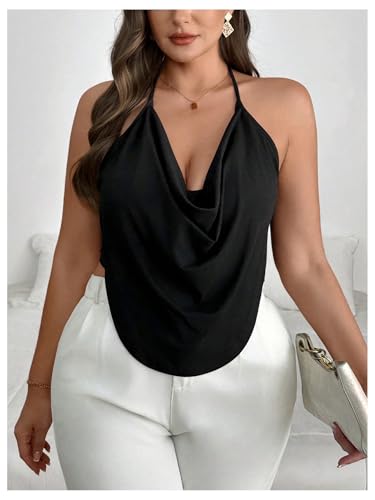 Women's Plus Size Halter Tops for Women Draped Cowl Neck Sleeveless Asymmetrical Crop Low Cut Cami Tops3