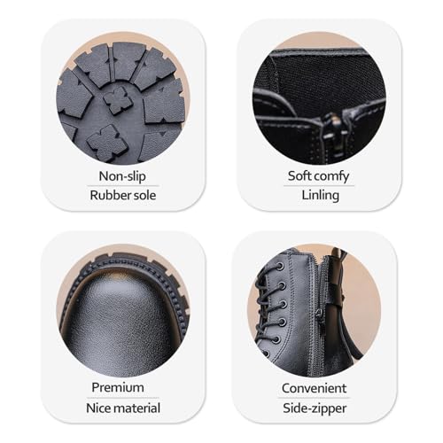 Lace Up Ankle Boots For Girls Leather Combat Riding Boots Side Zipper Punk Goth Lug Sole Ankle Booties With Metal Buckle Decor For Dressy Birthday Daily Causal 4-11 Years3