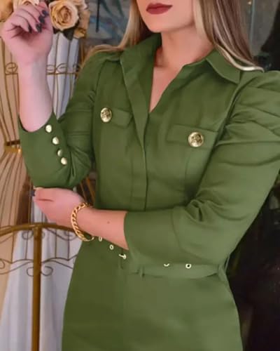 Women's Turn Down Collar Long Sleeve Dress Button Decor Front Slit Slim Fit Midi Work Bodycon (S-XL)3