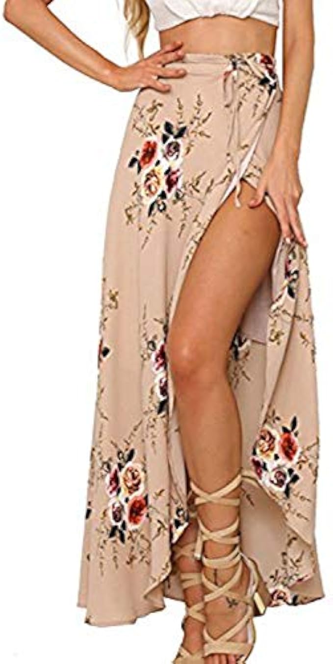 Yonala 女裝 波西米亞風格 花卉圖案 綁腰 夏季海灘 裹身及踝長裙