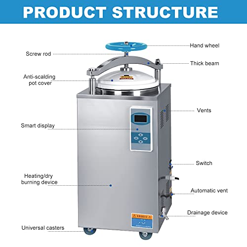 HNZXIB Digital Display 35L Sterilizer Automatic Vertical Autoclave 2.5KW Electric Heating Hand Wheel Autoclave