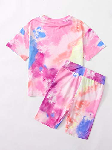 Image of SOLY HUX Girl's Tie Dye Short Sleeve Round Neck T Shirt and Biker Shorts 2 Piece Summer Outfit