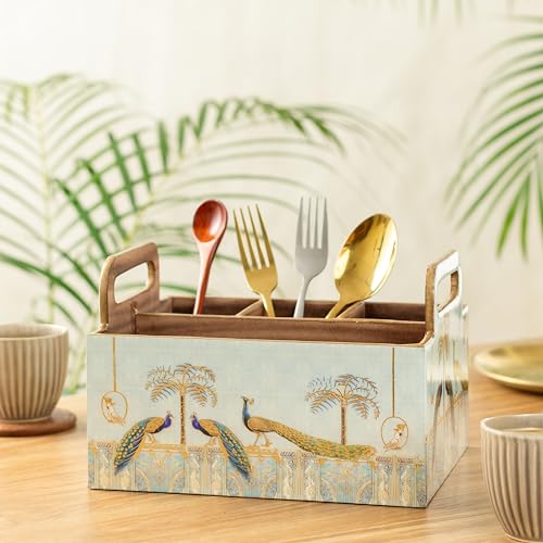 Image of Wooden Cutlery Holder with Gold Engraving | Pack of 1 | Size : 9 x 7 x 5.5 inch | Enamel Coated Waterproof | Cutlery Holder for Dining Table | (Blue Peacock)