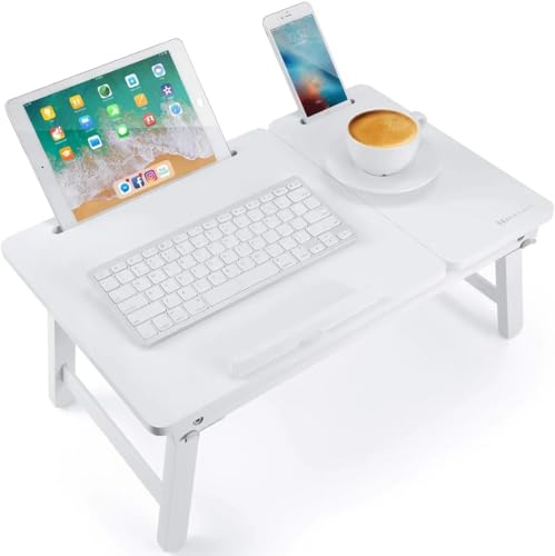 Image of WOOYNEX Wooden Laptop Table Standard Adjustable Study Table with Laptop, Portable Lap Desk, Multifunctional Bed Table with Drawer and Folding Legs (White)