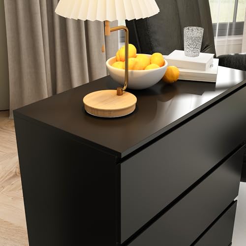 Image of Nightstand with 3 Drawers, Modern Bedroom End Table with No Handle, Wooden Bedside Storage Cabinet, Black 30.3 inch W x 32.3 inch H