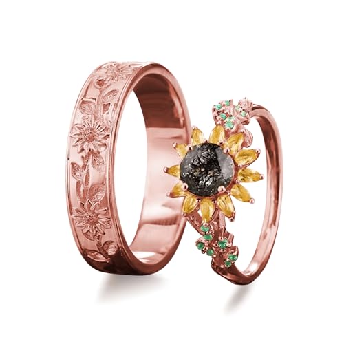 2Pcs Sunflower Couples Wedding Rings Set, S925 10K 14K 18K Gold Engagement Rings for Men and Women, Customized His and Her Matching Leaf Anniversary Bands Jewelry gifts Free Engraving2