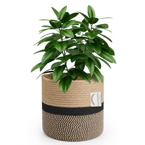 NATTHSWE Cesta de Plantas con Forro, Macetas de Interior Tejidas para Macetas de 28cm de Cuerda de Algodón Yute para Decoración de Macetas Plegables Cesta de Lavandería