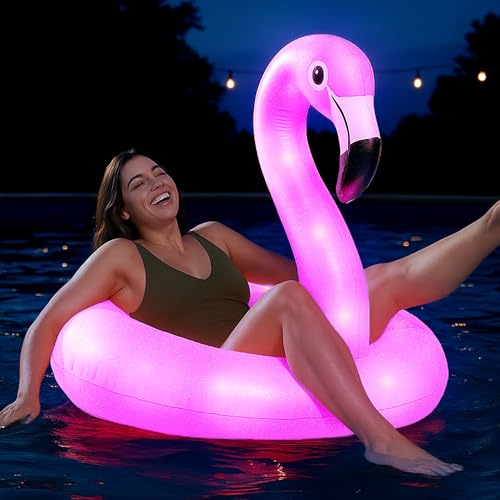 Floatify Flamingo Pool Float with LED Lights - Tropical Pool Floaties - Inflatable Pool Party Decorations and Pool Accessories - Battery-Powered Swimming Float