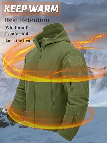 TACVASEN Herren Fleecejacke Military Outdoor Winddichte Jacke mit Kapuze- Gr. L, Grün