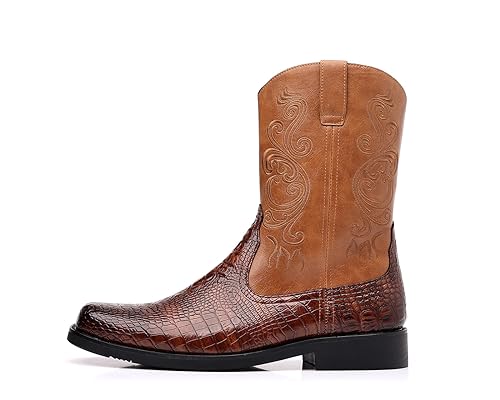 Santimon Men's Crocodile Western Cowboy Boots, Side Zipper, Mid Calf Wide Square Toe Boots3