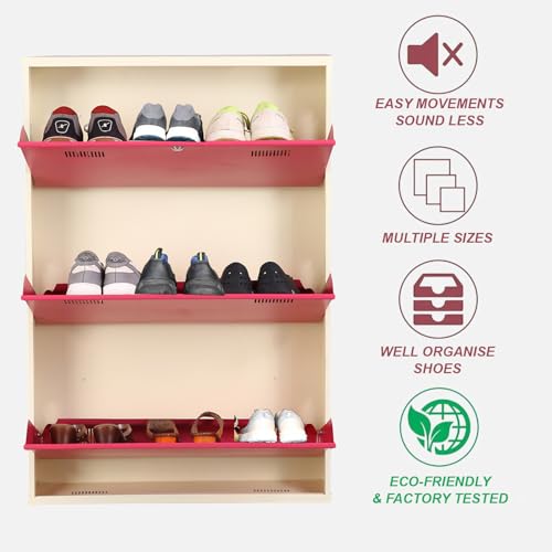 Image of Metal Shoe Rack Wall Mounted for Home with Central Locking |3 Door 28 inch Wall Mounted Metal 9 Pair Shoe Rack Cabinet | Pre-Assembled Rack Shelves |3 Year Warranty (Pink & Ivory)