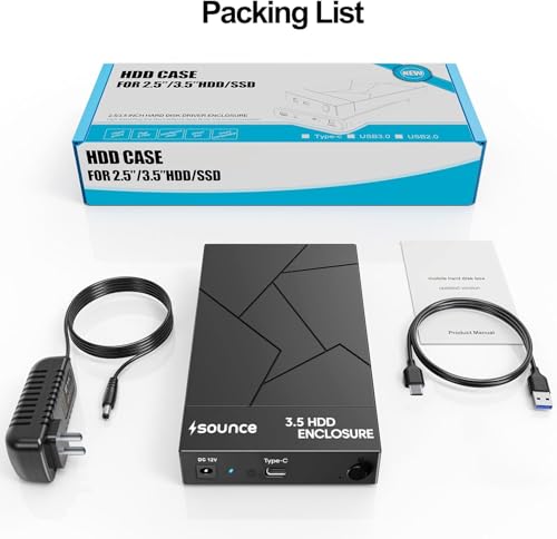Image of Sounce Type C Hard Drive Enclosure, External Hard Drive Docking Station for 3.5 /2.5 Inch SATA Hard Drives /SSD with 16 TB+, Tool-Free HDD Enclosure 12V /2A Power Supply UASP (Black)
