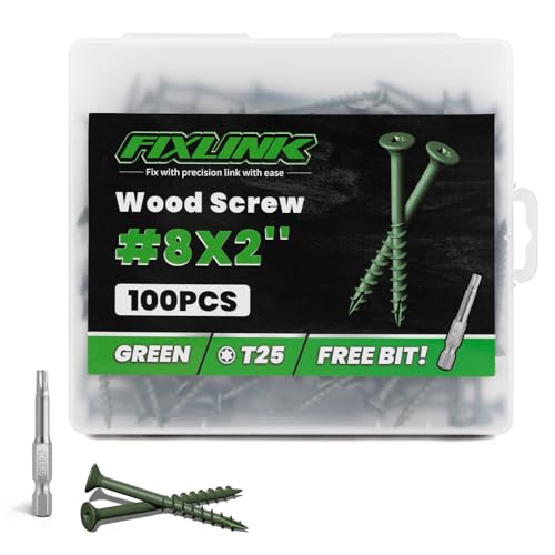 Image of Wood Screws 2 Inch, FIXLINK Deck Screws #8 x 2, 100 PCS, Epoxy Coated, T25 Star Bit Above 1500 Hour Salt Spray Coating Outdoor Decking Screws Excellent Rust Resistant for Wood Fence, Green