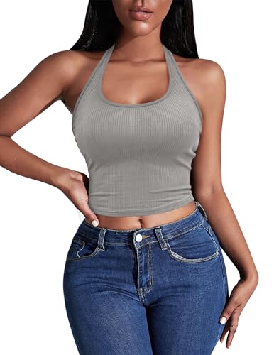 Image of Ekouaer Women Halter Top Backless Scroop Neck Slim Stretchy Ribbed Knit Camisole Crop Tops S-XXL