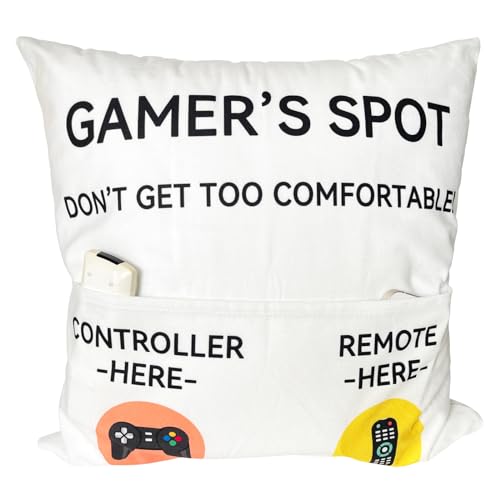 ZUYUROU Gamer Gifts, Pocket Design Throw Pillow Covers 18 x 18 Inch, Gaming Room Décor Stocking Stuffers Easter Basket Stuffers for Teen Boys Girls Men Father Boyfriends-White