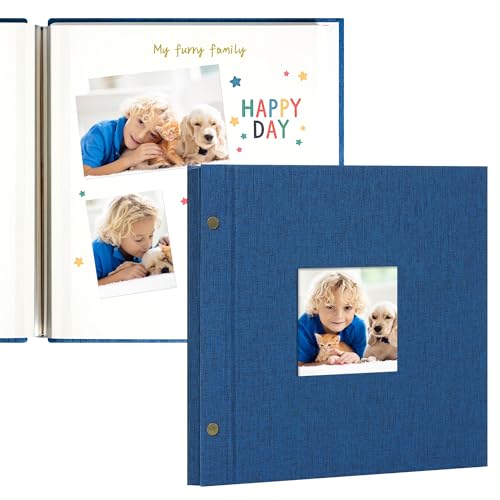 Image of Remowith 10x10 Inch Linen Self Adhesive Photo Album with Window, 20 Pages Calm Scrapbook for Graduation & Friendship Photos, Blue, Fits 2x3 4x6 5x7 Photos