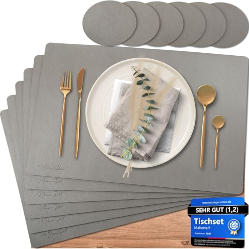 Mahewa&reg; 6er Set Premium Tischset aus Kunstleder - Platzset abwaschbar und wasserdicht - Platzdeckchen Telleruntersetzer in Lederoptik (Silber/Hellgrau, Eckig)