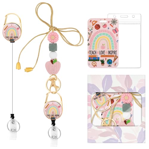 Image of Colorful ID Badge Holder with Silicone Beads Lanyard Set,Cute Teacher Breakaway Lanyard for Keys & Keychain with Cute Retractable Badge Reel Holder,Gift for Women,Nurse, Teacher. (S)