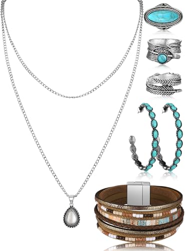 Image of Ecally Bohemian Western Jewelry Turquoise Set Women Country Pendant Long Choker Layered Bracelets Earrings Ring for Women