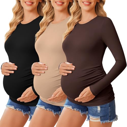 Ekouaer 3 Packs Maternity Shirts Crew Neck Long Sleeve Pregnancy Tee Tops Tunic Blouse Casual Mama Clothes