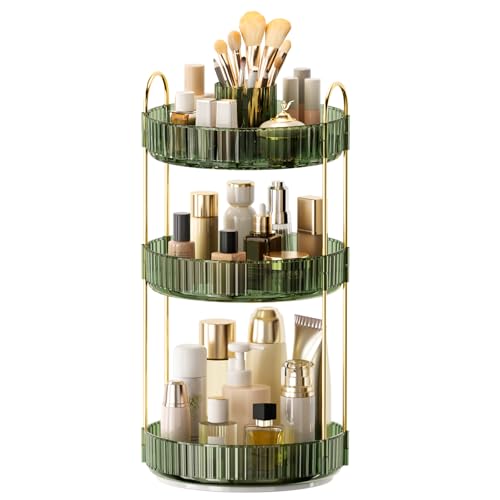 Image of 360 Rotating Makeup Organizer, Upgraded 3 Tier Skincare Perfume Organizers for Women, Bathroom Organizer Countertop, Clear Cosmetic Dresser Organizer with Makeup Brush Holder, Sink&Counter (Green)