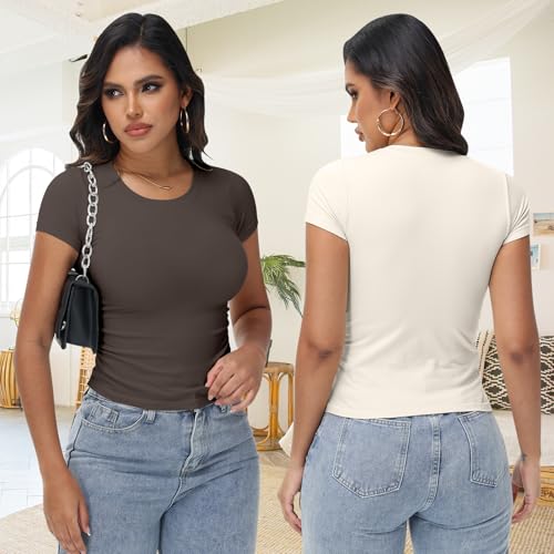 Coume 3 Pack Womens Short Sleeve Crew Neck Ruched T Shirts Summer 2025 Y2k Slim Fit Tees Stretchy Basic Tee Shirts Crop Tops2