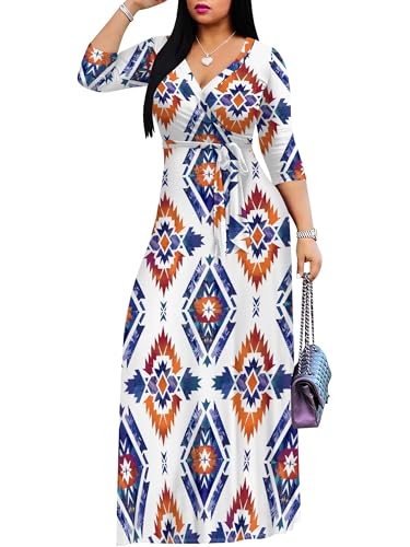 Image of PinkPatty Plus Size Maxi Dress for Women Casual V Neck 3 /4 Sleeve Boho Printed Long Dress with Pockets
