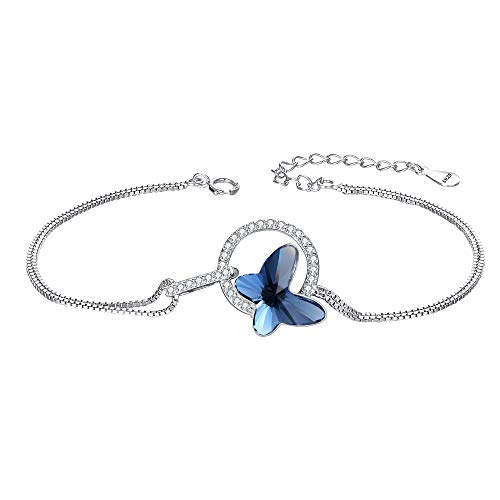 Elequeen 925 Sterling Silver Cz Butterfly Strand Bracelet Denim Blue Made With Crystals #TOP28