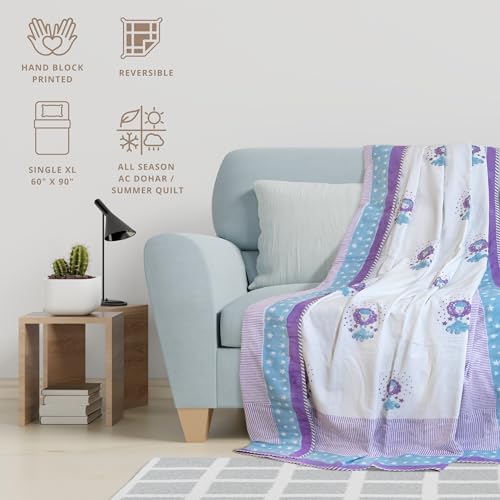 Image of TOAIArt Premium Jaipuri Dohar | AC Blanket Summer Quilt | Hand Block Printed | 3 Layers | Reversible | 150GSM 100% Mulmul Cotton | 100% Cotton Flannel Filling | Single 60 inch X 90 inch |Sleepy Sheep