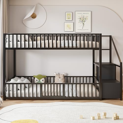 Image of Bellemave Metal Bunk beds Twin Over Twin with Guardrail and Storage Stairs, Floor bunk Bed with guardrail for Kids, Black