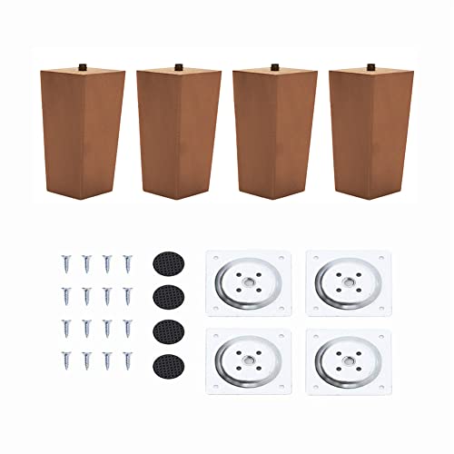 INMOZATA Möbelfüße Holz 4 Stück 10cm Tischbeine Vierkant Möbelbeine aus Eiche mit Montageplatten Schrauben und Fußpolster für Schrank Sofa Couchtisch Braun Cover