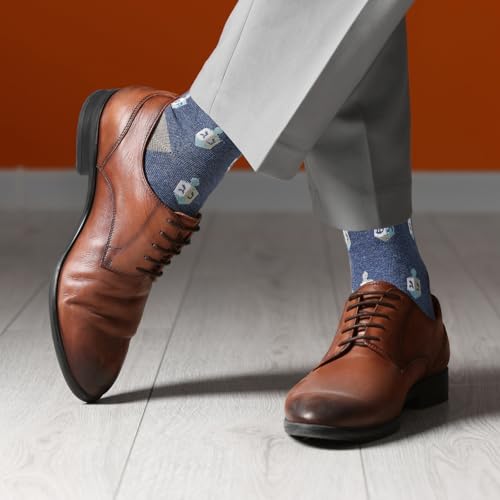 Image of Rite Lite Hanukkah Socks | Adult Crew Sock Size 8-12 Chanukah Blue & White Cozy Cotton /Polyester /Spandex Socks Jewish Holiday Party Favors Accessories Decorations Gifts Festival of Lights (Dreidels)
