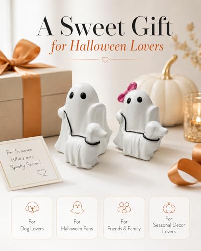 Halloween Ghost Walking Dog Figurines, Resin Statues with Pink Bow, Cute Spooky Tabletop Decor for Shelf, Mantel, Tiered Tray, Entryway, Home Decorations Gift for Dog Lovers (Ghost Walking Dog) - image 3