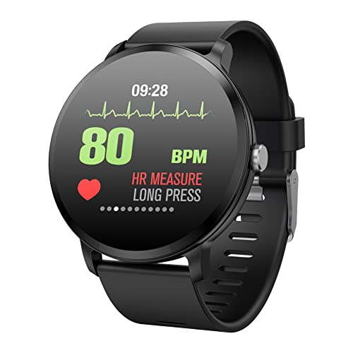 PADGENE Montre Connectée, Homme/Femme 1.3'' Écran Tactile avec Montre Intelligente, Moniteur Cardiaque, Moniteur Veille, Podomètre, Caméra, Bluetooth, Appels, Messages pour Android/iOS (V11-Noir)
