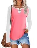 IECCP Long Sleeve Shirts for Women Casual Henley Loose Fit Tshirt Dressy Color Block V Neck Button Womens Tunic Blouse Pink S
