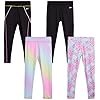 Reebok Girls' Leggings Multipack - 4 Pack Performance Stretch Pants Kids Clothing Bundle, Size 7, Rainbow Tie Dye/Black