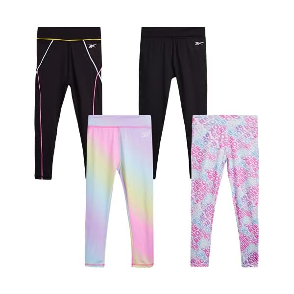Reebok Girls' Leggings Multipack - 4 Pack Performance Stretch Pants Kids Clothing Bundle, Size 7, Rainbow Tie Dye/Black