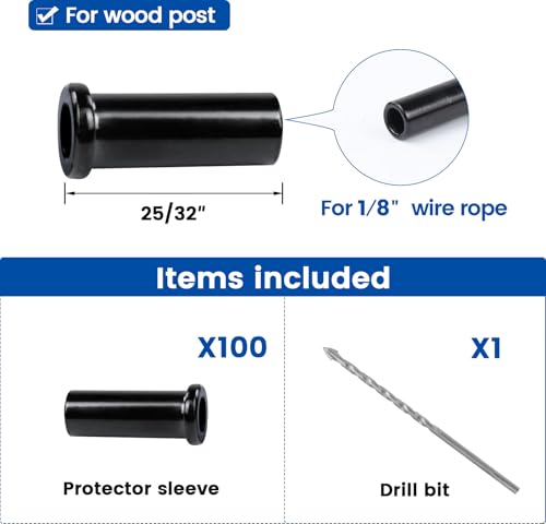 Muzata 100 Pack 1/8" Black Cable Railing Protector Sleeves T316 Stainless Steel Protective Sleeves Deck Cable Railing Hardware Kit for Wood Posts CR13