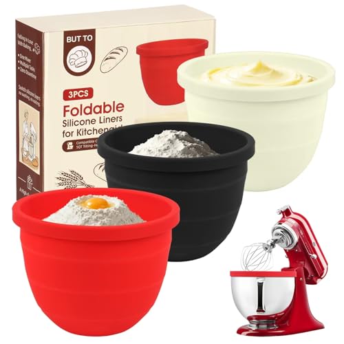 3 PCS Foldable Silicone Liners for Kitchenaid Tilt-Head 5 QT Mixer - Dishwasher-Safe Food-Grade Silicone Bowl Insert - Simple to Use Mixer Accessories for Effortless Baking Prep (Black+Off-White+Red)
