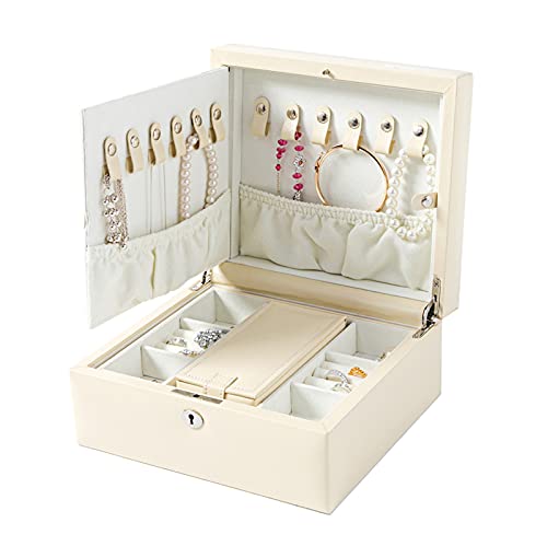 Joyero de 2 niveles, gran capacidad, organizador de joyas de cuero sintético con cerradura de espejo, caja de almacenamiento para pendientes, anillos, collares, regalo para niñas o mujeres, orga