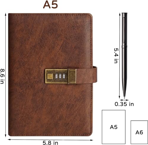 Image of Diary with Lock, A5 PU Leather Journal, 240 Pages, Vintage Lock Journal with Pen & Gift Box, Lockable Diary for Women and Men, 8.6 x 5.8 Inches, Brown
