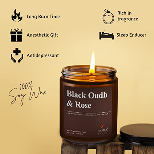 Image of AuraDecor Scented Jar Candle | Handpoured Soy Wax Candle with Long Lasting Burn Time | Premium Amber Jar Aromatherapy Candle | Ideal Gift for Home & Decor (Extra Large, Black Oudh & Rose)