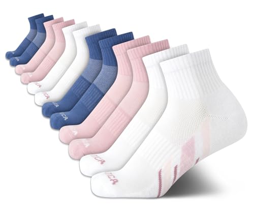 Image of Nautica Womens Quarter Socks Moisture Wicking Cushioned Socks, 12 Pack | Stretch Performance Dri-Motion Fabric, Cushioned with Arch Support, Breathable Mesh Panels, Quarter Cut, Shoe Size 4-10