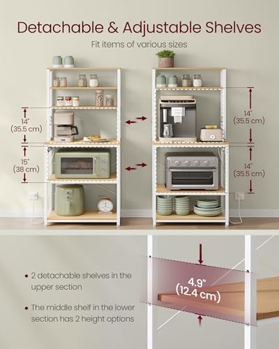 Image of VASAGLE Bakers Rack with Power Outlet, 23.6 Inches Coffee Bar for Kitchen with Storage, 6-Tier Kitchen Shelves with 6 Hooks, Microwave Stand, Industrial, Golden Oak and Cloud White UKKS124Y03