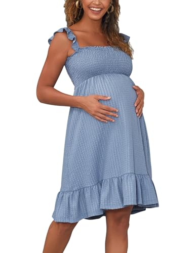 MOMOOD Vestido de maternidade sem mangas com babados no ombro com alças soltas vestido de grávida verão, Azul, M