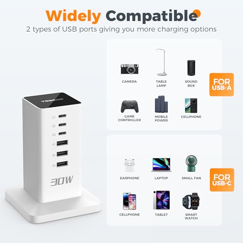 TESSAN USB Charging Station for Multiple Devices, 30W Multi Charger Tower with 6 Ports, 1.5m Extension Cord, Charger Block, USB Charging Hub for Smartphones, Tablets, Laptops TESSAN USB Charging Station for Multiple Devices, 30W Multi Charger Tower with 6 Ports, 1.5m Extension Cord, Charger Block, USB Charging Hub for Smartphones, Tablets, Laptops
