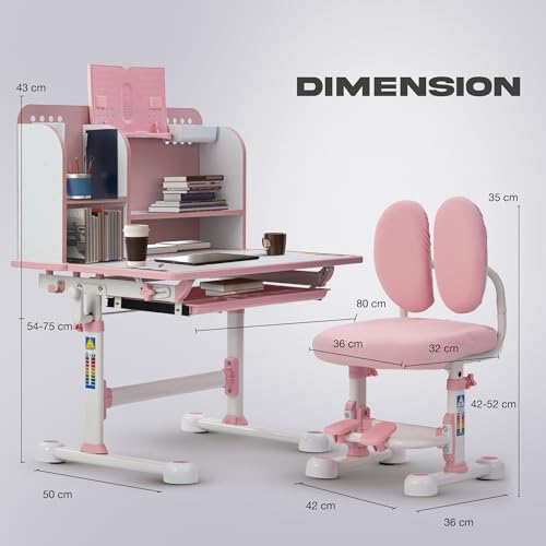 Image of BAYBEE Baby Study Table with Chair for Kids | Ergonomic Study Table with Height Adjustable Desk & Chair | Functional Study Desk with Book Storage, Drawer, Multi Shelf, Footrest for 2+ Years kids(Pink)