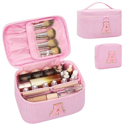 MONSTINA Initial Makeup Bag Monogram Pouch Gifts for Teens Personalized Cosmetic Bag for Girls&Women Cute Letter Make Up Bag Pink A